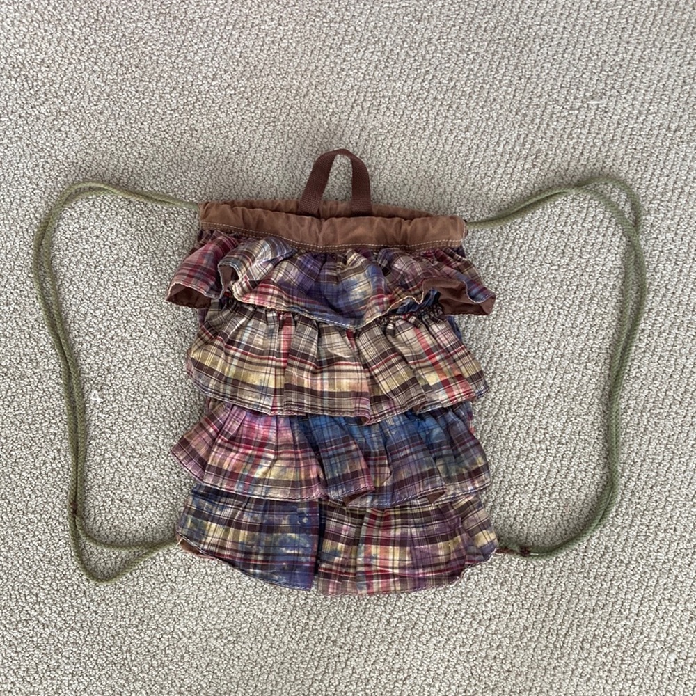 Ruffled Drawstring Bag Backpack Plaid Brown Frills Y2K Casual Lizzie McGuire